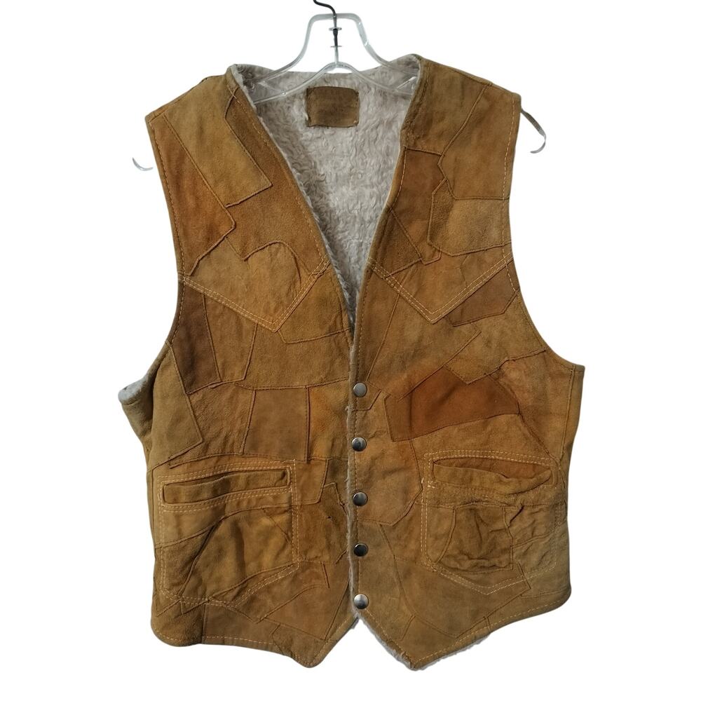 5992)Vtg 80s Men Tan Suede Patchwork Western Vest Faux Fur Lining Snap Button M?